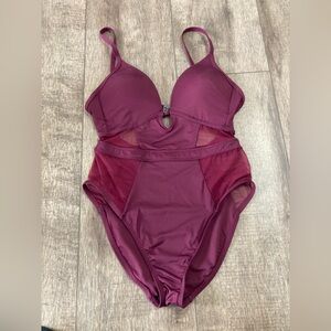 Kenneth Cole New York Burgundy Mesh  Panel Cut Out One Piece Swimsuit